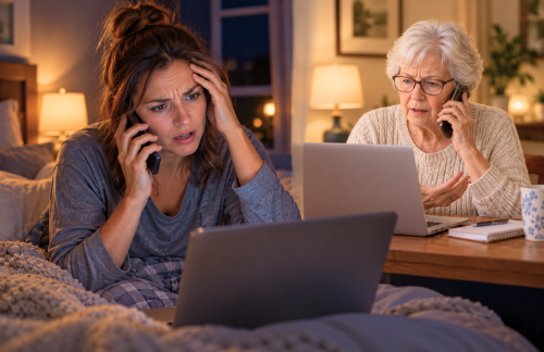 Adult daughter and her mother both stressed on the phone trying to deal with a tech problem